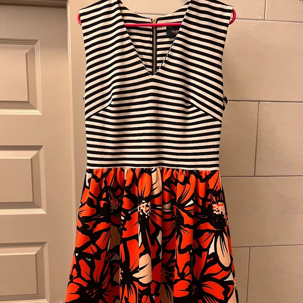 Just Taylor Navy White Stripe Coral Floral Zip Dress Size 14